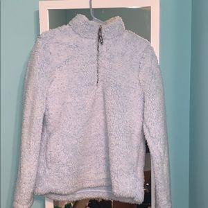 Women’s Light Blue Fuzzy Quarter Zip Hoodie.